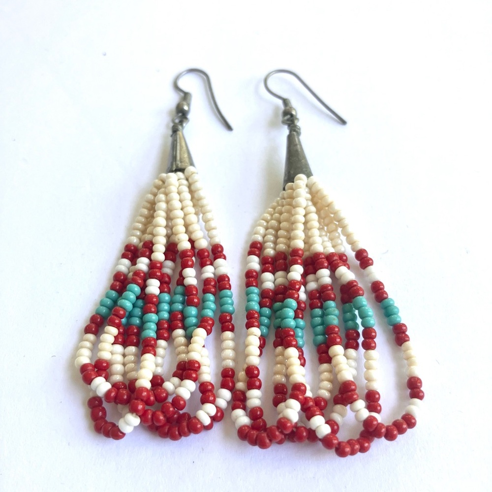 Vintage jacla multi strand white red and turquoise blue seed bead earrings
